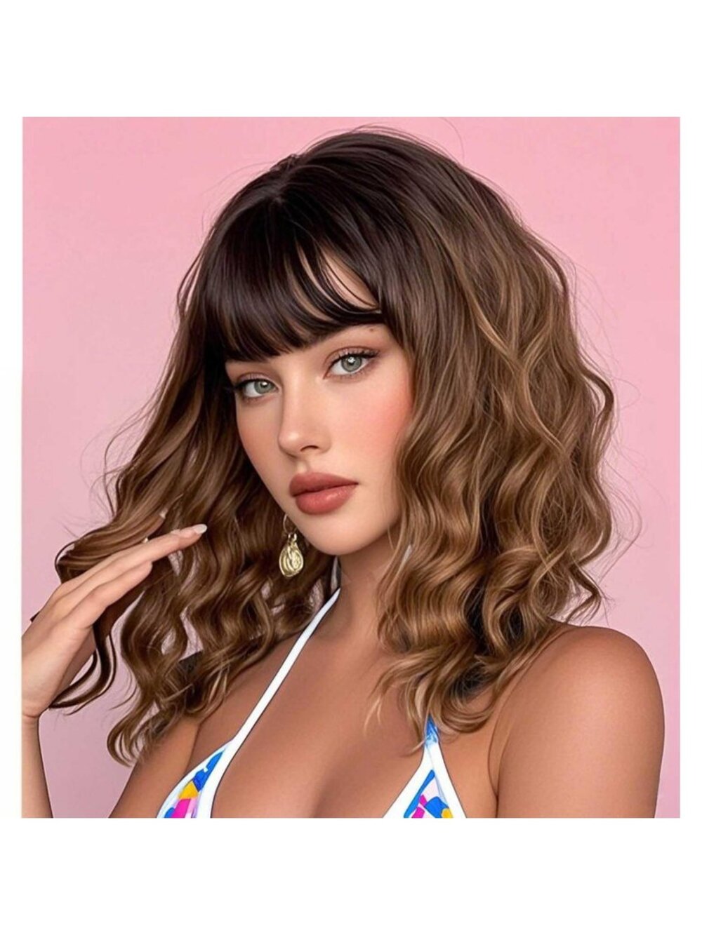 14Inch Women's Black to Brown Short Bob Shoulder Wavy Synthetic Wigs With Bangs